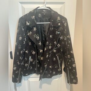 Romeo & Juliet Couture Black Floral Moto Jacket Corduroy Zippers Size Medium